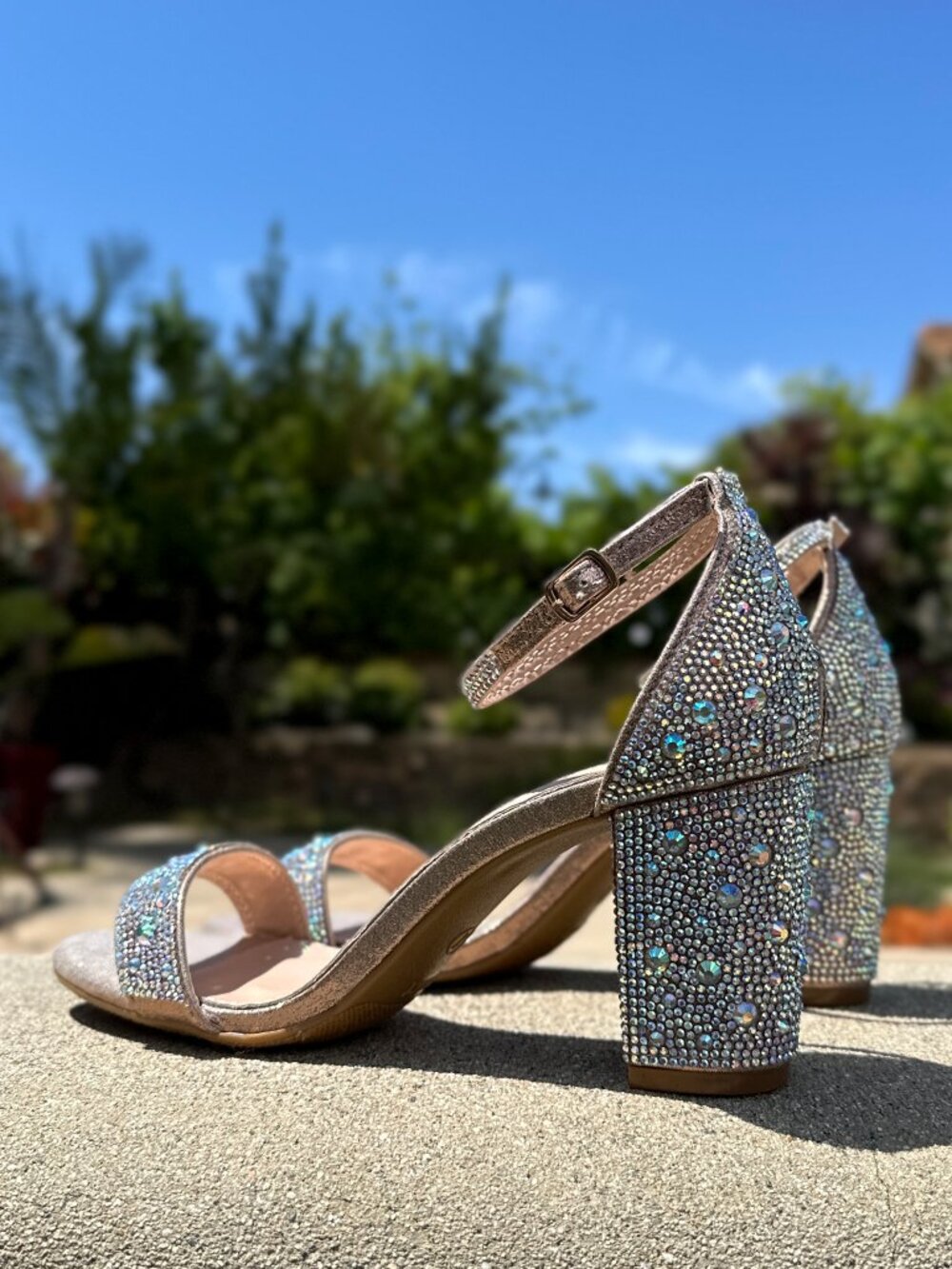 New Bling Gold Rhinestone Crystal Open Toe Dress Sandals Ankle Strap Block Heel - Picture 3 of 6